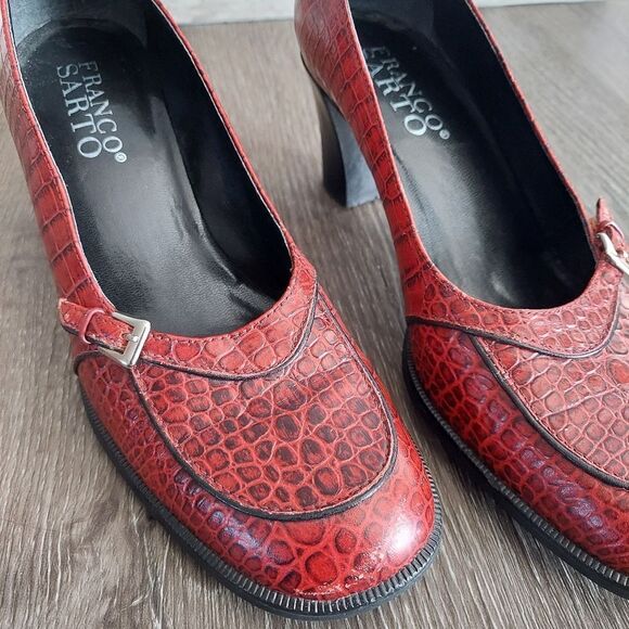 Vintage Franco Sarto Red Leather Alligator Print  Chunky Heel Pump Size 7.5 - Picture 9 of 11